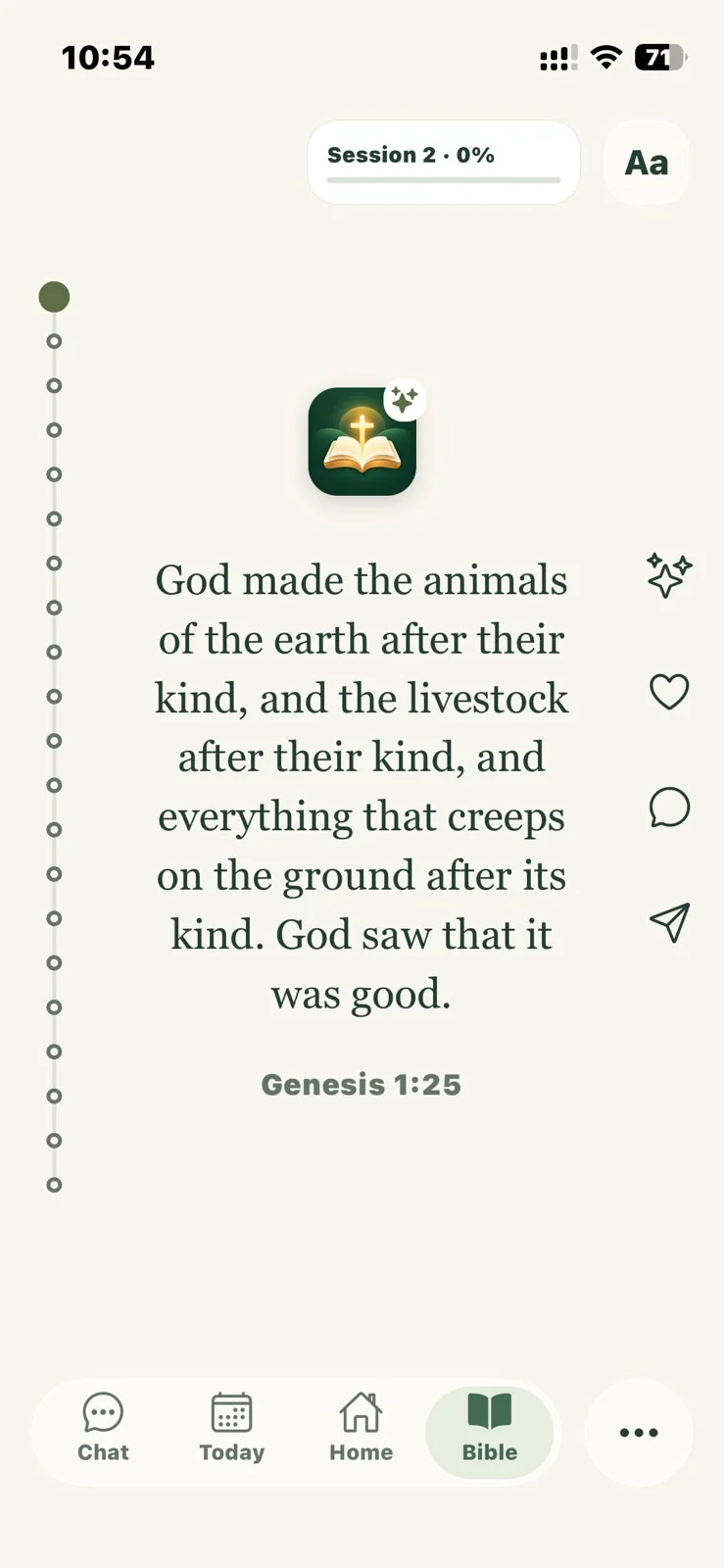 The focused Bible reader showing Genesis 1:25 and reading progress.