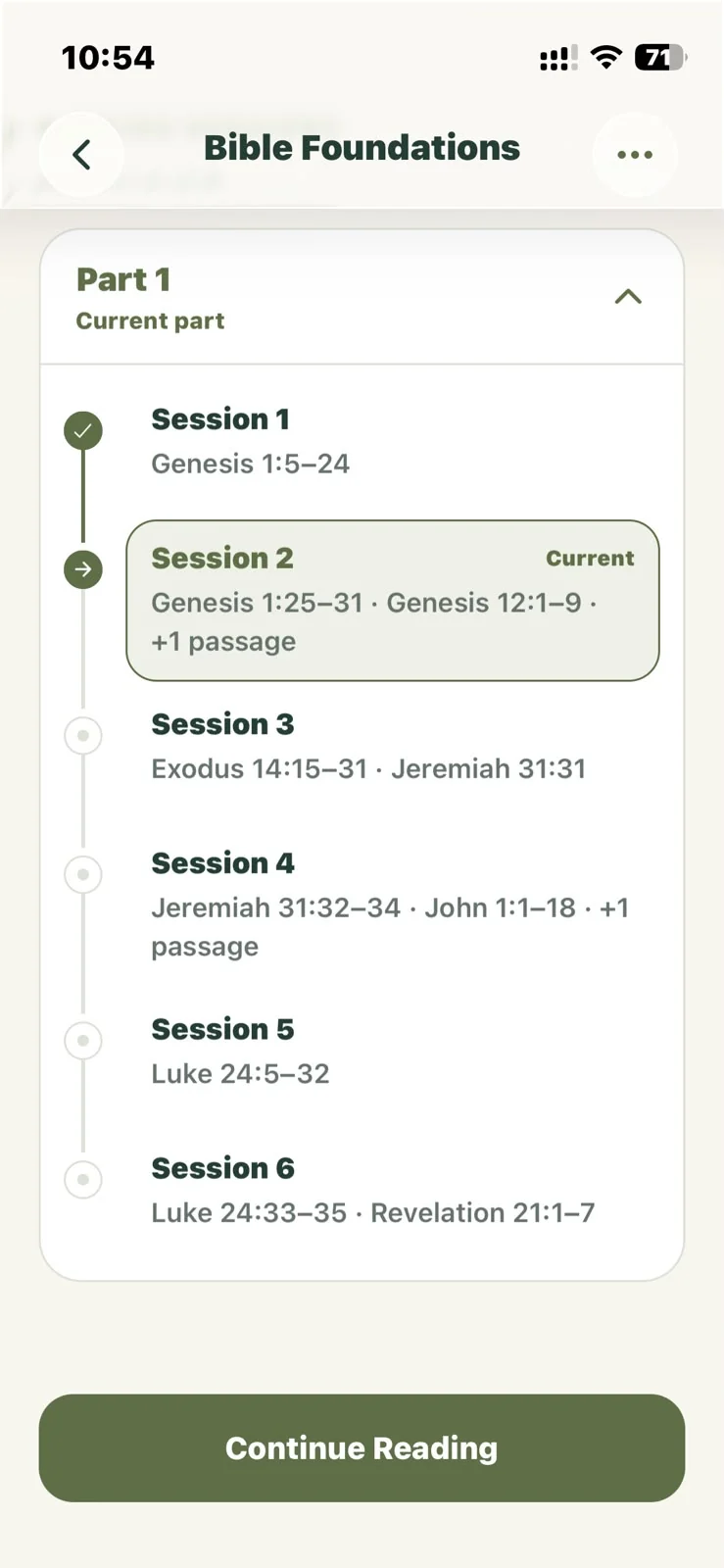 The Bible Foundations reading plan showing completed, current, and upcoming sessions.