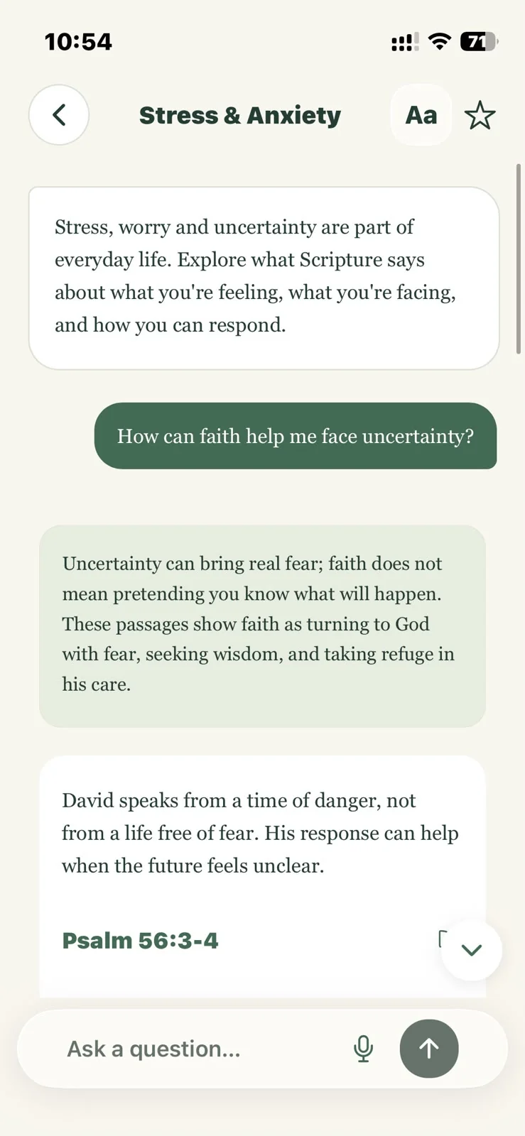 A conversation exploring faith and uncertainty, with related Bible passages.