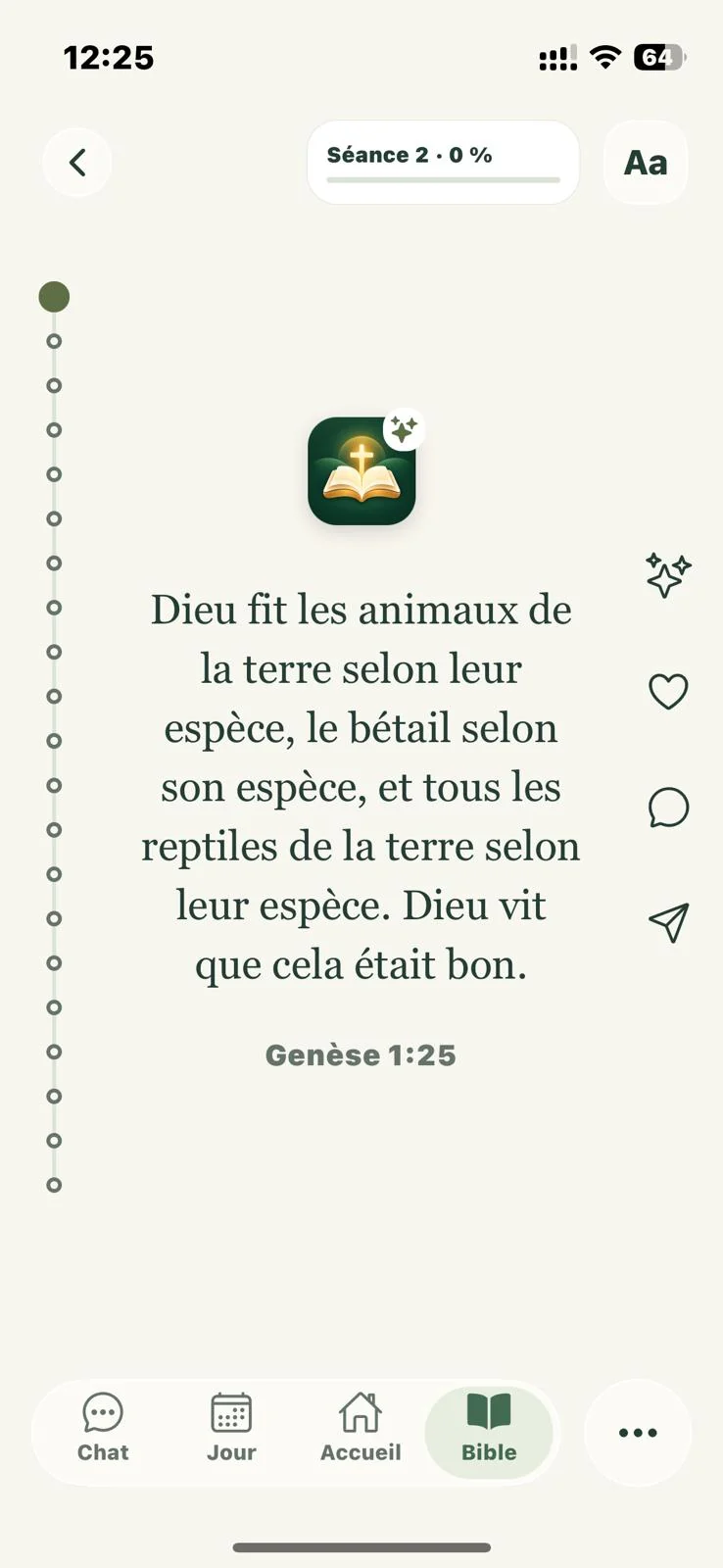 Le lecteur biblique épuré, affichant Genèse 1:25 et la progression de lecture.