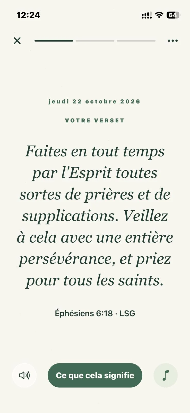 Le verset du jour dans Bible Daily, Éphésiens 6:18, avec une invitation à en découvrir le sens.