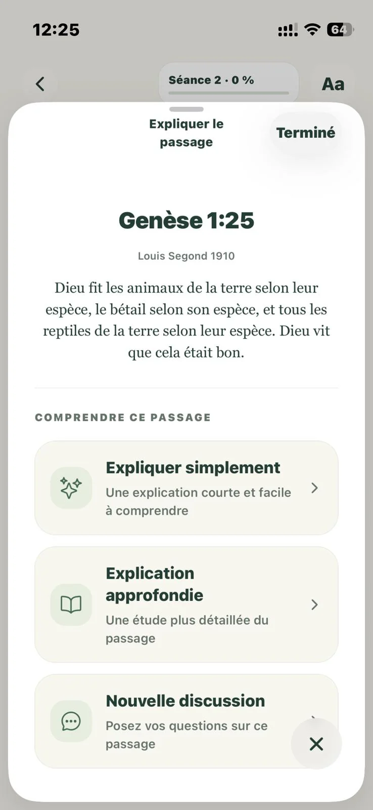 Les options pour explorer Genèse 1:25 : explication simple, approfondie ou discussion.