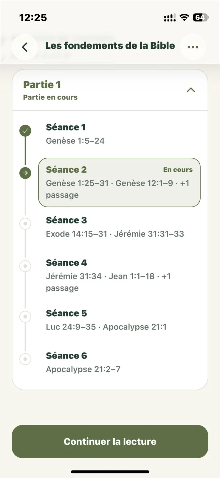 Le plan Les fondements de la Bible avec les séances terminées, en cours et à venir.